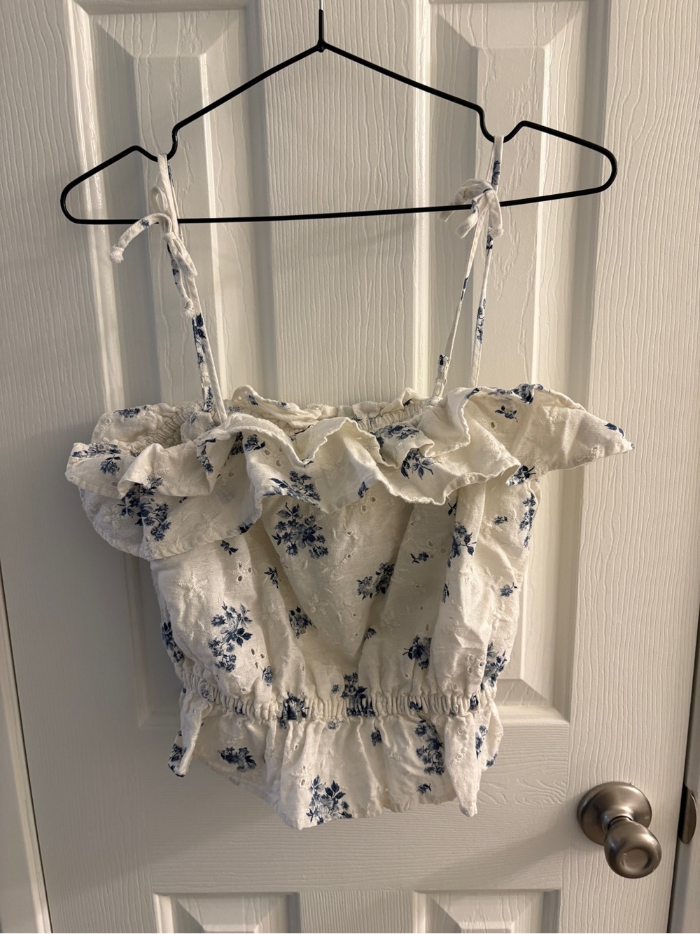 American Eagle Outfitters White Tank with Blue Floral Ruffle and Tie Straps